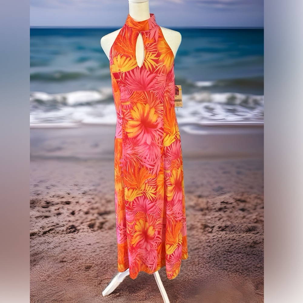 Vibrant Pink and Orange Floral One Piece with Halter Neckline